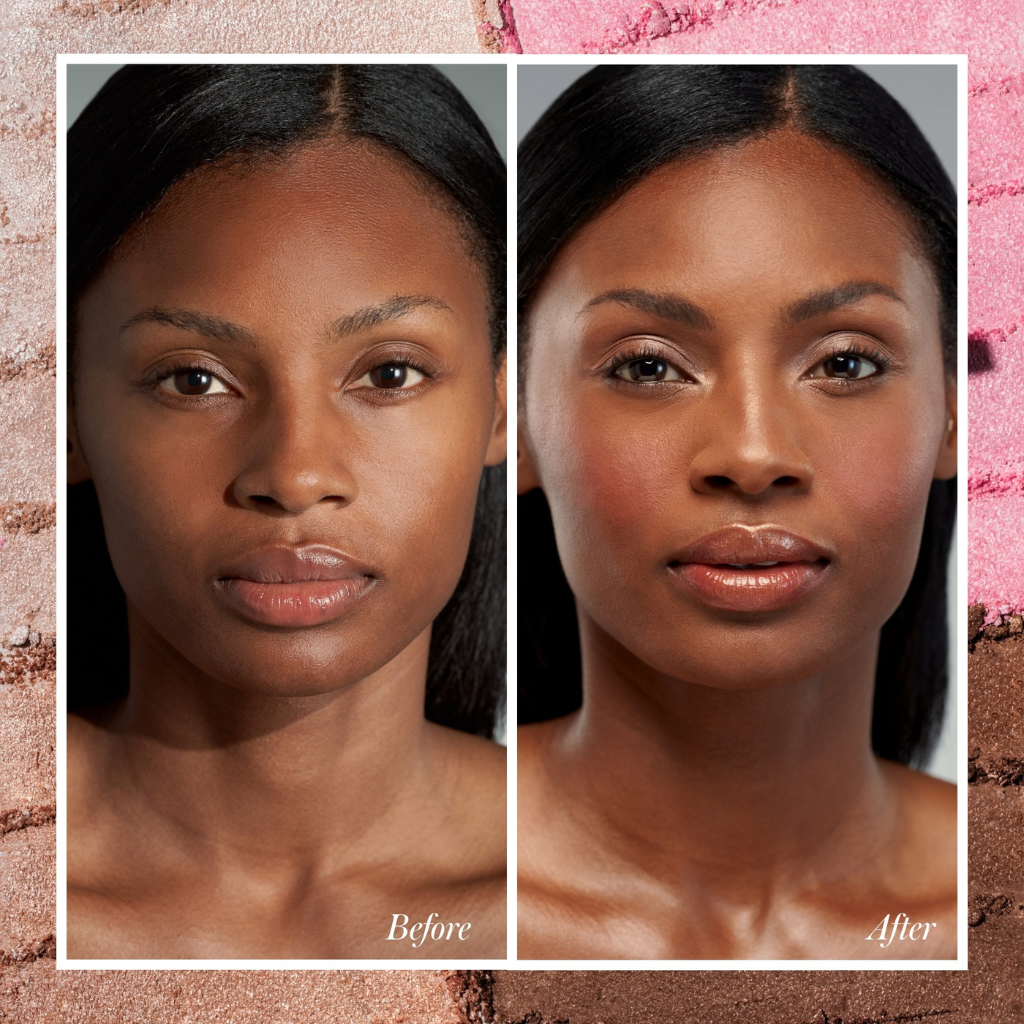 Naisen kasvot ennen ja jälkeen RMS Beauty ReDimension Daily Glow -highlighterin käytön