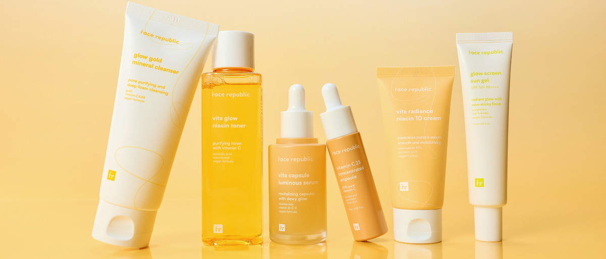 FACE REPUBLIC Glow - kirkastava ihonhoitolinja samealle ja epätasaisen sävyiselle iholle. Vitamiineja ja niasiiniamidia sisältävät tuotteet auttavat tuomaan iholle hehkua ja tasaisemman ilmeen.