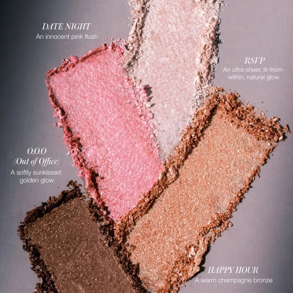 RMS Beauty ReDimension Daily Glow -highlighter-paletin neljä sävyä swatchattuna