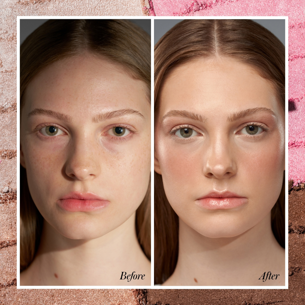 RMS Beauty ReDimension Daily Glow -highlighter ennen ja jälkeen -kuva iholla